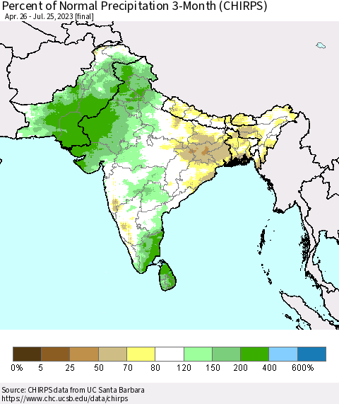 Southern Asia Percent of Normal Precipitation 3-Month (CHIRPS) Thematic Map For 4/26/2023 - 7/25/2023