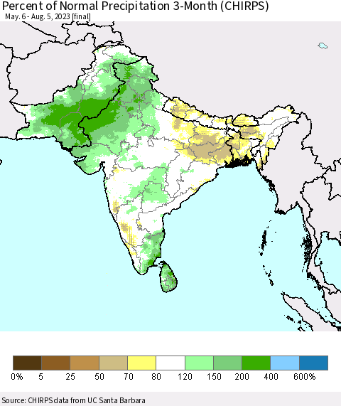 Southern Asia Percent of Normal Precipitation 3-Month (CHIRPS) Thematic Map For 5/6/2023 - 8/5/2023