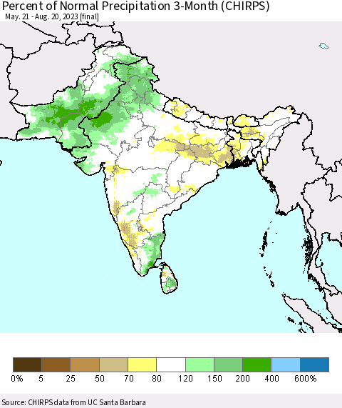 Southern Asia Percent of Normal Precipitation 3-Month (CHIRPS) Thematic Map For 5/21/2023 - 8/20/2023