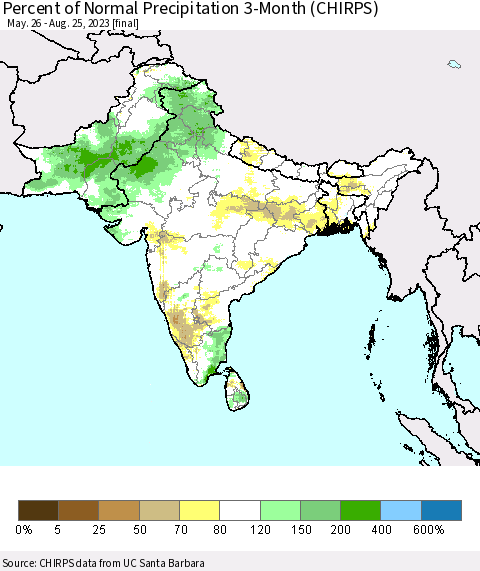 Southern Asia Percent of Normal Precipitation 3-Month (CHIRPS) Thematic Map For 5/26/2023 - 8/25/2023