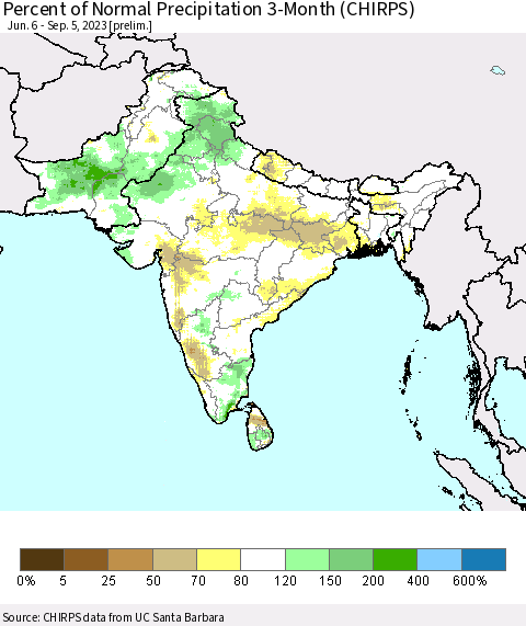 Southern Asia Percent of Normal Precipitation 3-Month (CHIRPS) Thematic Map For 6/6/2023 - 9/5/2023
