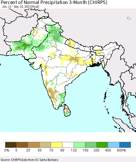 Southern Asia Percent of Normal Precipitation 3-Month (CHIRPS) Thematic Map For 6/11/2023 - 9/10/2023