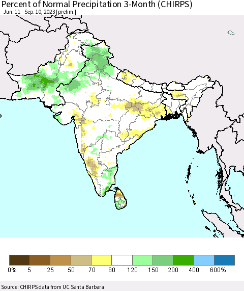 Southern Asia Percent of Normal Precipitation 3-Month (CHIRPS) Thematic Map For 6/11/2023 - 9/10/2023