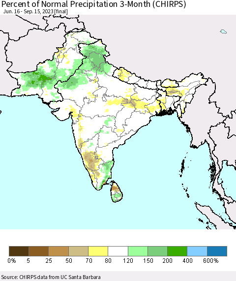 Southern Asia Percent of Normal Precipitation 3-Month (CHIRPS) Thematic Map For 6/16/2023 - 9/15/2023