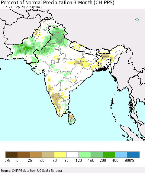 Southern Asia Percent of Normal Precipitation 3-Month (CHIRPS) Thematic Map For 6/21/2023 - 9/20/2023