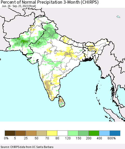 Southern Asia Percent of Normal Precipitation 3-Month (CHIRPS) Thematic Map For 6/26/2023 - 9/25/2023