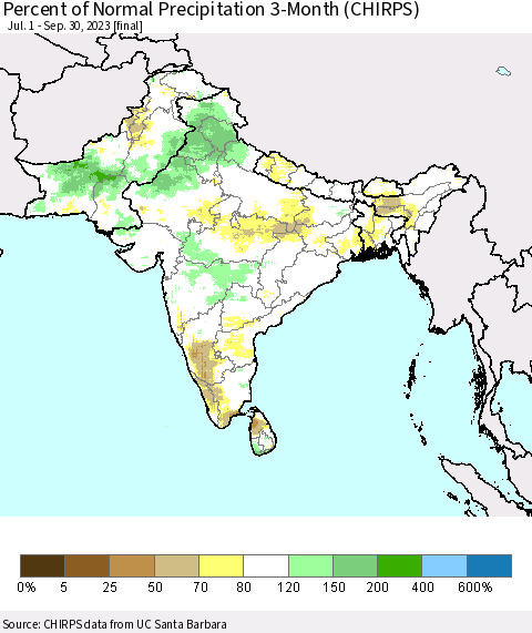 Southern Asia Percent of Normal Precipitation 3-Month (CHIRPS) Thematic Map For 7/1/2023 - 9/30/2023