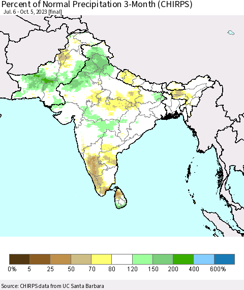 Southern Asia Percent of Normal Precipitation 3-Month (CHIRPS) Thematic Map For 7/6/2023 - 10/5/2023