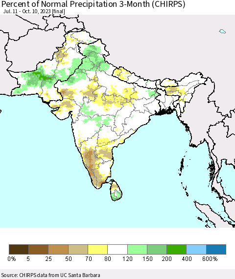 Southern Asia Percent of Normal Precipitation 3-Month (CHIRPS) Thematic Map For 7/11/2023 - 10/10/2023
