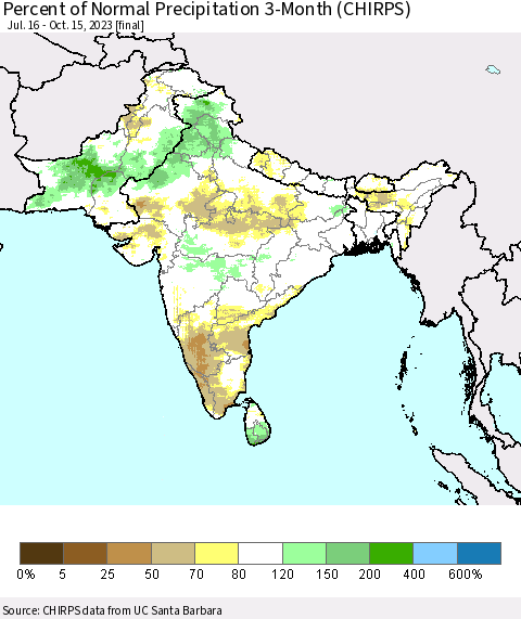 Southern Asia Percent of Normal Precipitation 3-Month (CHIRPS) Thematic Map For 7/16/2023 - 10/15/2023