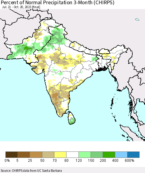 Southern Asia Percent of Normal Precipitation 3-Month (CHIRPS) Thematic Map For 7/21/2023 - 10/20/2023