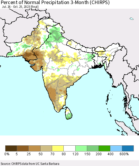 Southern Asia Percent of Normal Precipitation 3-Month (CHIRPS) Thematic Map For 7/26/2023 - 10/25/2023