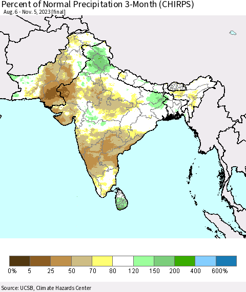 Southern Asia Percent of Normal Precipitation 3-Month (CHIRPS) Thematic Map For 8/6/2023 - 11/5/2023