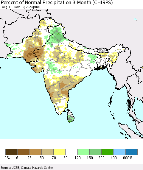 Southern Asia Percent of Normal Precipitation 3-Month (CHIRPS) Thematic Map For 8/11/2023 - 11/10/2023