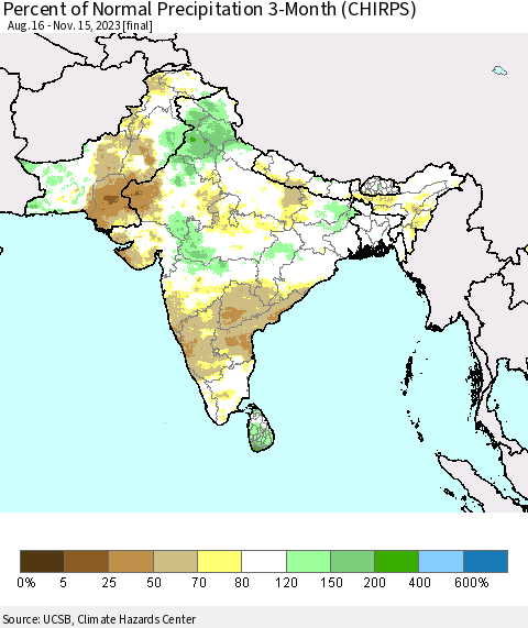 Southern Asia Percent of Normal Precipitation 3-Month (CHIRPS) Thematic Map For 8/16/2023 - 11/15/2023