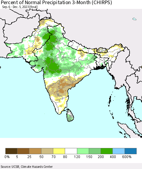 Southern Asia Percent of Normal Precipitation 3-Month (CHIRPS) Thematic Map For 9/6/2023 - 12/5/2023