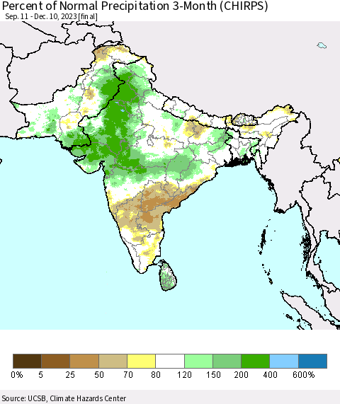 Southern Asia Percent of Normal Precipitation 3-Month (CHIRPS) Thematic Map For 9/11/2023 - 12/10/2023