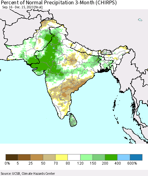Southern Asia Percent of Normal Precipitation 3-Month (CHIRPS) Thematic Map For 9/16/2023 - 12/15/2023