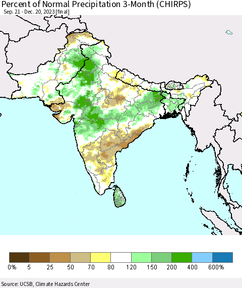 Southern Asia Percent of Normal Precipitation 3-Month (CHIRPS) Thematic Map For 9/21/2023 - 12/20/2023
