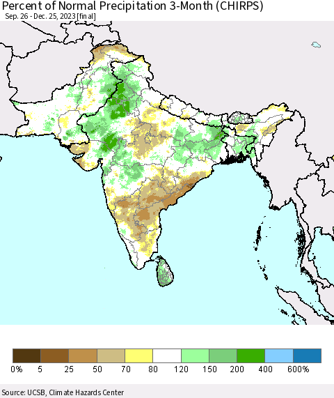 Southern Asia Percent of Normal Precipitation 3-Month (CHIRPS) Thematic Map For 9/26/2023 - 12/25/2023