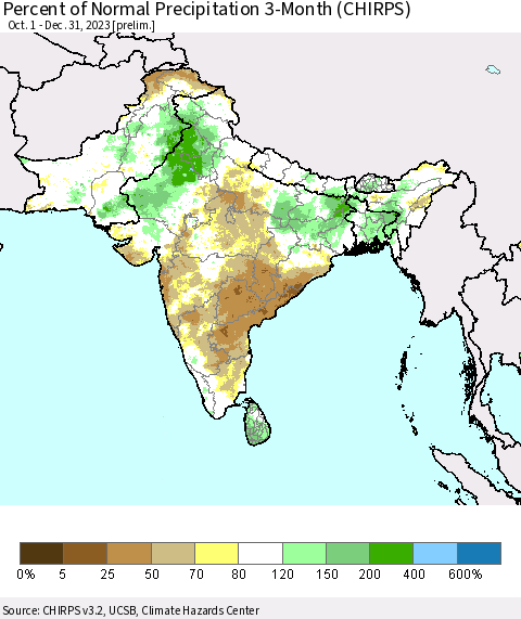 Southern Asia Percent of Normal Precipitation 3-Month (CHIRPS) Thematic Map For 10/1/2023 - 12/31/2023