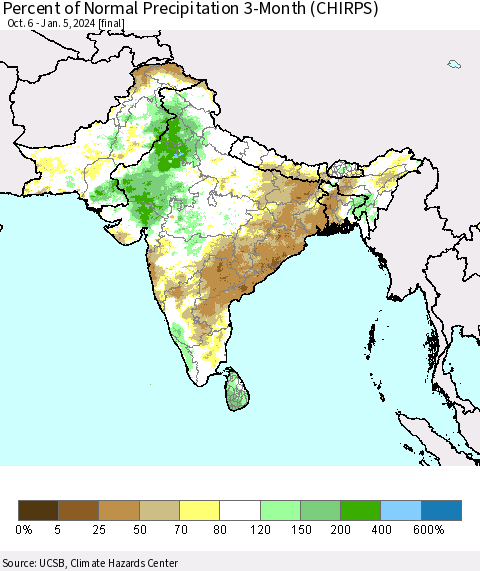 Southern Asia Percent of Normal Precipitation 3-Month (CHIRPS) Thematic Map For 10/6/2023 - 1/5/2024