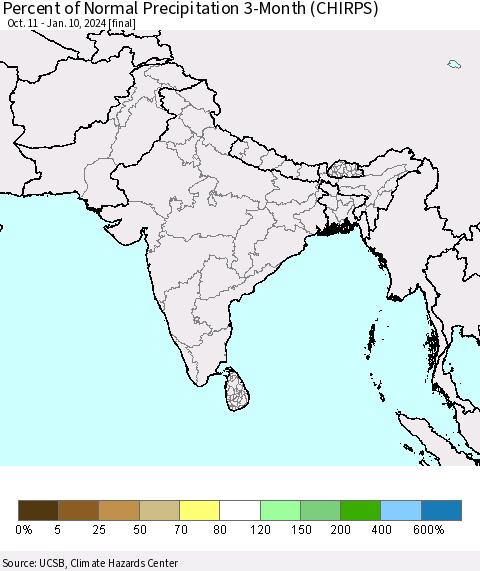 Southern Asia Percent of Normal Precipitation 3-Month (CHIRPS) Thematic Map For 10/11/2023 - 1/10/2024