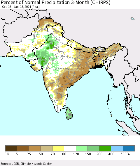 Southern Asia Percent of Normal Precipitation 3-Month (CHIRPS) Thematic Map For 10/16/2023 - 1/15/2024