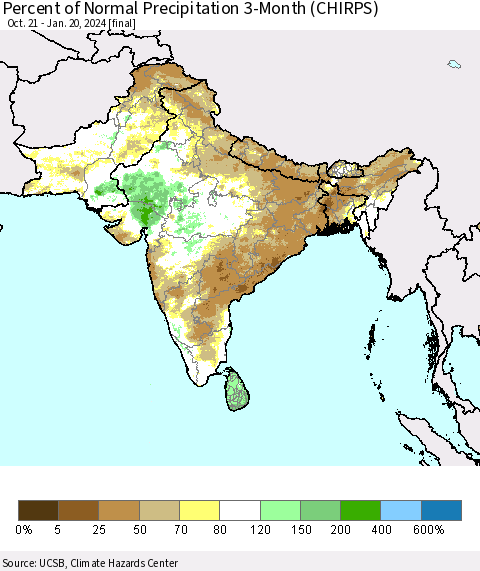 Southern Asia Percent of Normal Precipitation 3-Month (CHIRPS) Thematic Map For 10/21/2023 - 1/20/2024