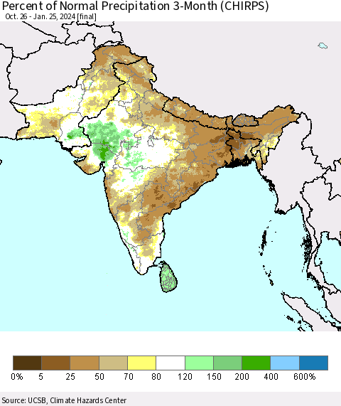 Southern Asia Percent of Normal Precipitation 3-Month (CHIRPS) Thematic Map For 10/26/2023 - 1/25/2024