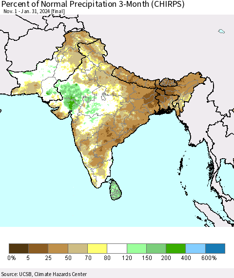 Southern Asia Percent of Normal Precipitation 3-Month (CHIRPS) Thematic Map For 11/1/2023 - 1/31/2024