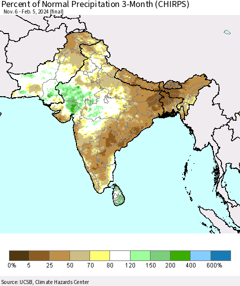 Southern Asia Percent of Normal Precipitation 3-Month (CHIRPS) Thematic Map For 11/6/2023 - 2/5/2024