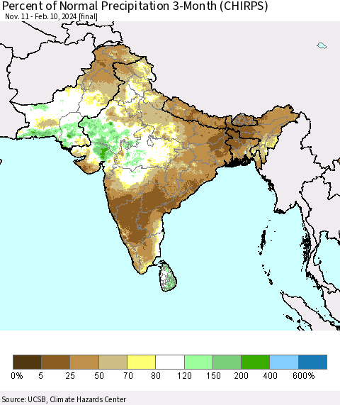 Southern Asia Percent of Normal Precipitation 3-Month (CHIRPS) Thematic Map For 11/11/2023 - 2/10/2024