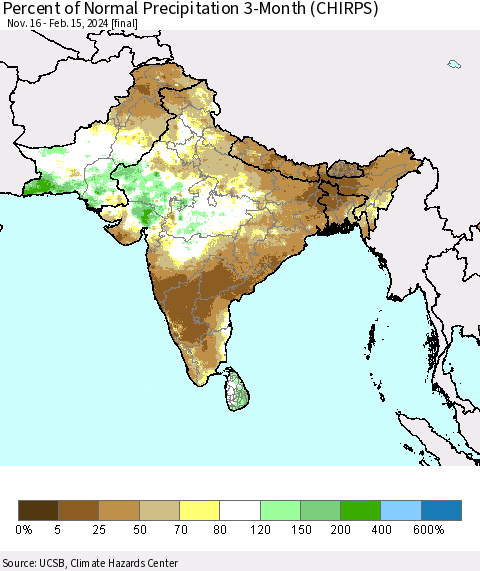 Southern Asia Percent of Normal Precipitation 3-Month (CHIRPS) Thematic Map For 11/16/2023 - 2/15/2024