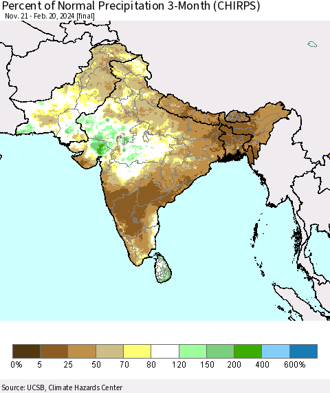 Southern Asia Percent of Normal Precipitation 3-Month (CHIRPS) Thematic Map For 11/21/2023 - 2/20/2024