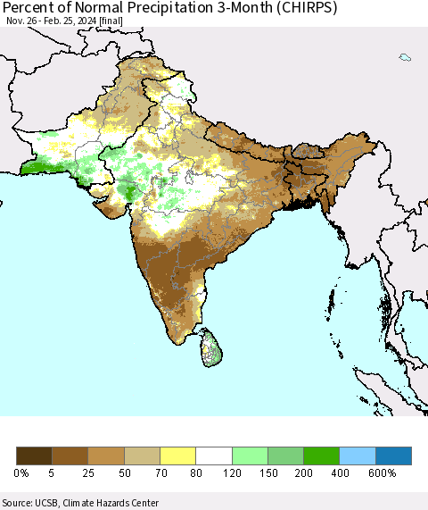 Southern Asia Percent of Normal Precipitation 3-Month (CHIRPS) Thematic Map For 11/26/2023 - 2/25/2024