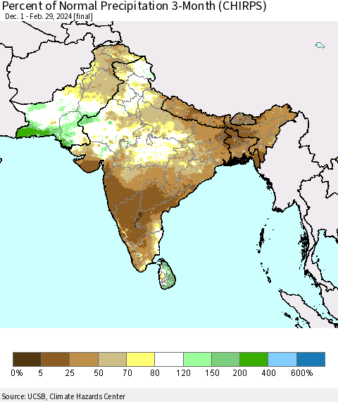 Southern Asia Percent of Normal Precipitation 3-Month (CHIRPS) Thematic Map For 12/1/2023 - 2/29/2024