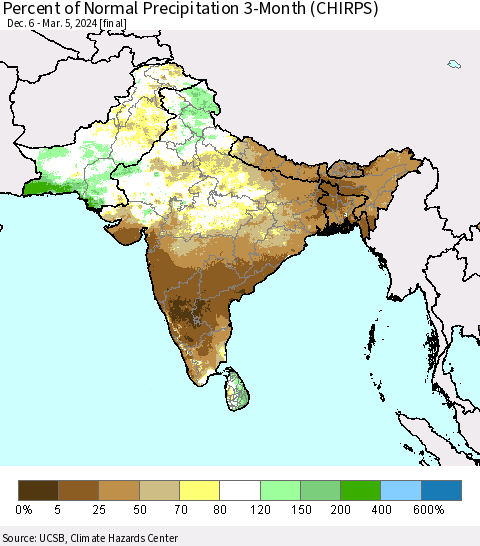 Southern Asia Percent of Normal Precipitation 3-Month (CHIRPS) Thematic Map For 12/6/2023 - 3/5/2024