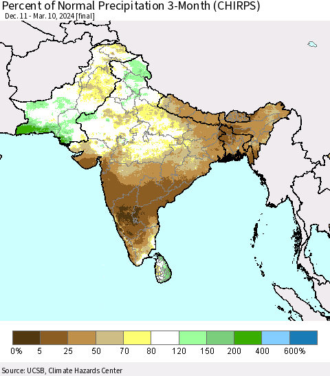 Southern Asia Percent of Normal Precipitation 3-Month (CHIRPS) Thematic Map For 12/11/2023 - 3/10/2024