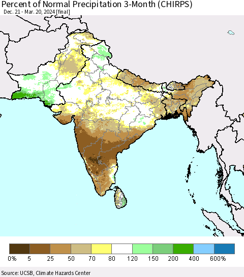 Southern Asia Percent of Normal Precipitation 3-Month (CHIRPS) Thematic Map For 12/21/2023 - 3/20/2024