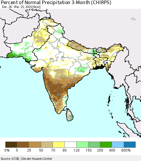 Southern Asia Percent of Normal Precipitation 3-Month (CHIRPS) Thematic Map For 12/26/2023 - 3/25/2024