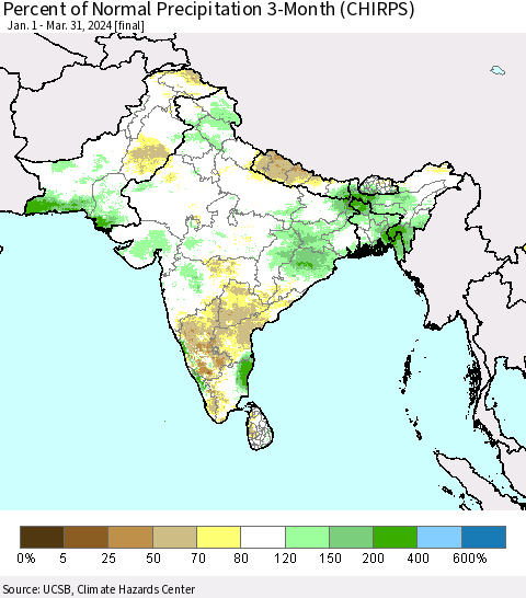 Southern Asia Percent of Normal Precipitation 3-Month (CHIRPS) Thematic Map For 1/1/2024 - 3/31/2024