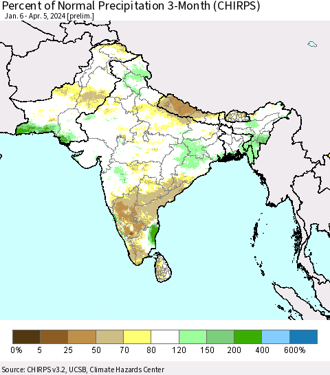Southern Asia Percent of Normal Precipitation 3-Month (CHIRPS) Thematic Map For 1/6/2024 - 4/5/2024