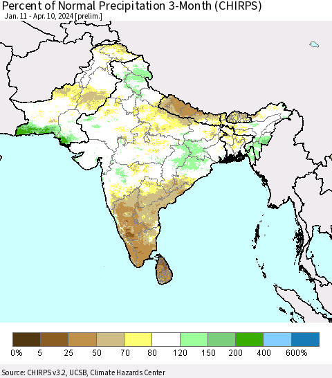 Southern Asia Percent of Normal Precipitation 3-Month (CHIRPS) Thematic Map For 1/11/2024 - 4/10/2024