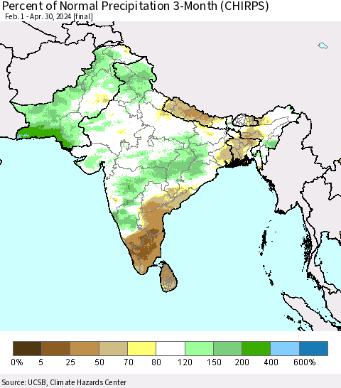Southern Asia Percent of Normal Precipitation 3-Month (CHIRPS) Thematic Map For 2/1/2024 - 4/30/2024