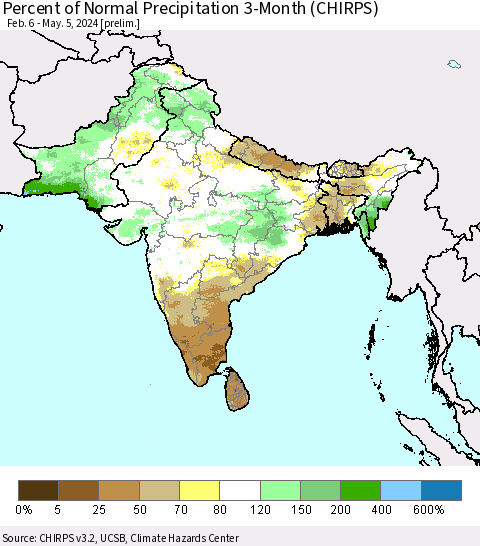 Southern Asia Percent of Normal Precipitation 3-Month (CHIRPS) Thematic Map For 2/6/2024 - 5/5/2024