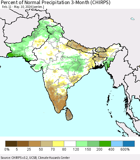 Southern Asia Percent of Normal Precipitation 3-Month (CHIRPS) Thematic Map For 2/11/2024 - 5/10/2024