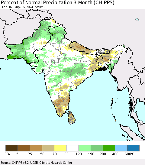 Southern Asia Percent of Normal Precipitation 3-Month (CHIRPS) Thematic Map For 2/16/2024 - 5/15/2024