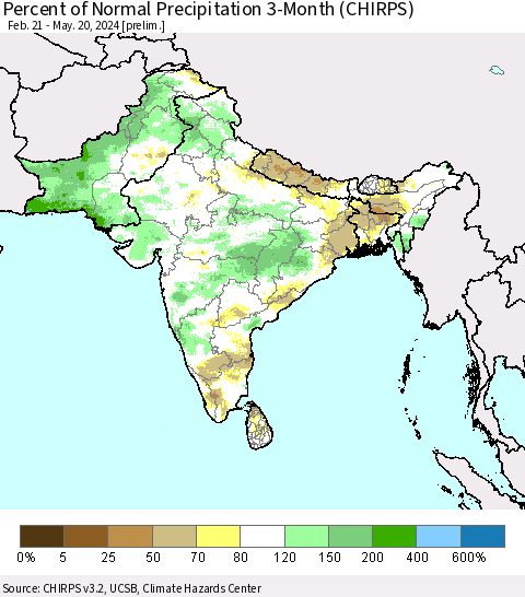 Southern Asia Percent of Normal Precipitation 3-Month (CHIRPS) Thematic Map For 2/21/2024 - 5/20/2024