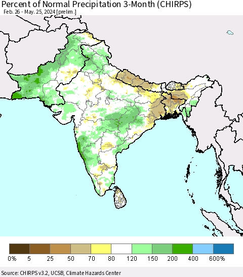 Southern Asia Percent of Normal Precipitation 3-Month (CHIRPS) Thematic Map For 2/26/2024 - 5/25/2024